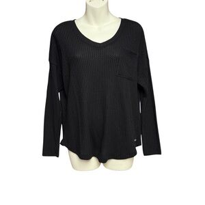 Calvin Klein XS Black waffle knit Relaxed Blouse front pocket long sleeve